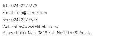Antalya Elit Otel telefon numaralar, faks, e-mail, posta adresi ve iletiim bilgileri
